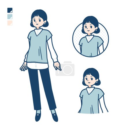 Illustration for A woman wearing a knit vest with Relaxed pose images.It's vector art so it's easy to edit. - Royalty Free Image