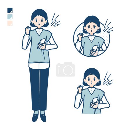 Téléchargez les illustrations : Une femme portant un gilet tricoté avec un smartphone et des images de colère.C'est de l'art vectoriel donc il est facile à éditer. - en licence libre de droit