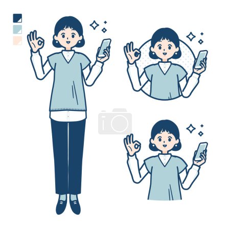 Illustration for A woman wearing a knit vest with Holding a smartphone and doing an OK sign images.It's vector art so it's easy to edit. - Royalty Free Image