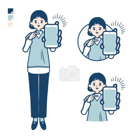 Ilustración de Una mujer que lleva un chaleco de punto con Ofrecer imágenes de un smartphone. Es arte vectorial por lo que es fácil de editar. - Imagen libre de derechos