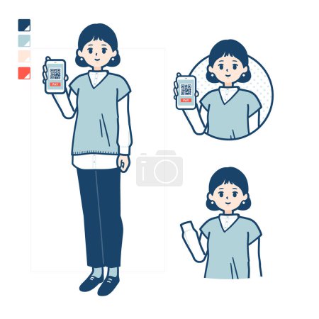 Téléchargez les illustrations : Une femme portant un gilet en tricot avec paiement sans espèces sur les images smartphone. C'est de l'art vectoriel donc il est facile à éditer. - en licence libre de droit