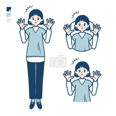Illustration for A woman wearing a knit vest with surprised images.It's vector art so it's easy to edit. - Royalty Free Image