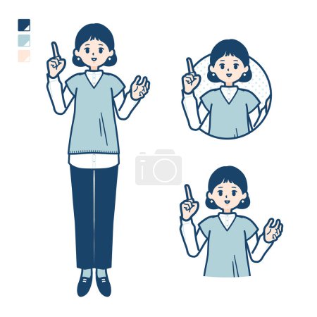 Téléchargez les illustrations : Une femme portant un gilet tricoté avec des images parlantes.C'est de l'art vectoriel donc c'est facile à éditer. - en licence libre de droit