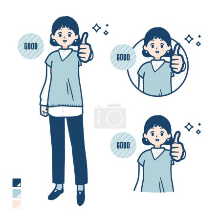 Téléchargez les illustrations : Une femme portant un gilet en tricot avec les pouces vers le haut des images.C'est de l'art vectoriel donc il est facile à éditer. - en licence libre de droit