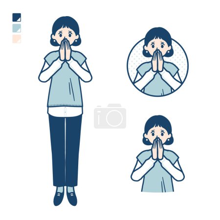 Illustration for A woman wearing a knit vest with Surprised and uneasy images.It's vector art so it's easy to edit. - Royalty Free Image