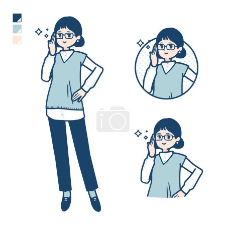 Téléchargez les illustrations : Une femme portant un gilet en tricot avec des lunettes de vue.C'est de l'art vectoriel donc c'est facile à éditer. - en licence libre de droit