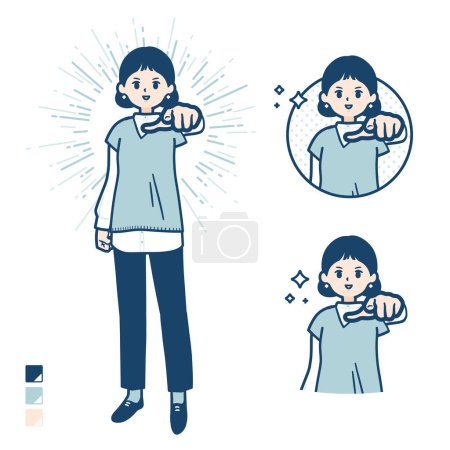 Téléchargez les illustrations : Une femme portant un gilet tricoté avec pointage vers les images frontales. C'est de l'art vectoriel donc il est facile à éditer. - en licence libre de droit