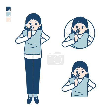 Téléchargez les illustrations : Une femme portant un gilet tricoté avec des images chuchotantes.C'est de l'art vectoriel donc il est facile à éditer. - en licence libre de droit