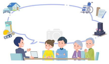 Illustration for A business scene where you have a meeting with a couple and parents.Vector art that is easy to edit. - Royalty Free Image