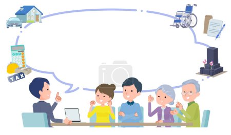 Illustration for A business scene where you have a meeting with a couple and parents.Good impression.Vector art that is easy to edit. - Royalty Free Image