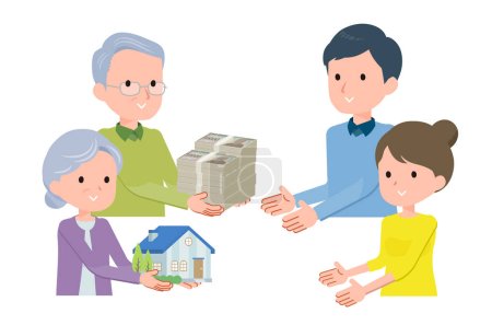 Ilustración de Escena de entrega de efectivo y activos inmobiliarios. - Imagen libre de derechos
