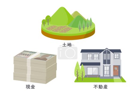 Téléchargez les illustrations : Terrain, argent comptant et immobilier. Art vectoriel facile à éditer. - en licence libre de droit