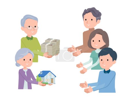 Illustration for Scene of handing over cash and real estate assets to sons. - Royalty Free Image