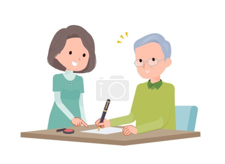 Ilustración de Mujer enseñando a hombre mayor cómo llenar formularios - Imagen libre de derechos