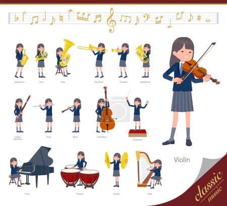 Illustration for A set of navy blazer student women on classical music performances.It's vector art so easy to edit. - Royalty Free Image