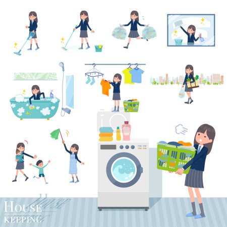 Illustration for A set of navy blazer student women related to housekeeping such as cleaning and laundry.It's vector art so easy to edit. - Royalty Free Image
