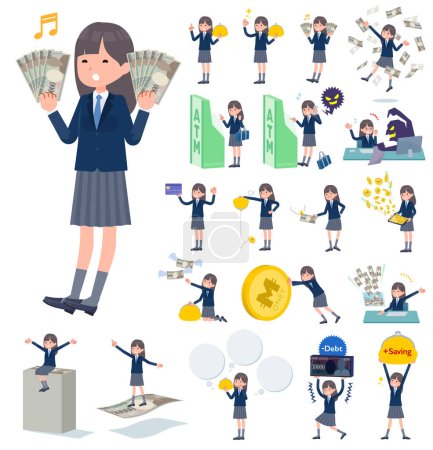 Illustration for A set of navy blazer student women with concerning money and economy.It's vector art so easy to edit. - Royalty Free Image