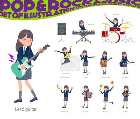 Téléchargez les illustrations : Un ensemble de femmes étudiantes blazer marine jouant du rock 'n' roll et de la musique pop. C'est un art vectoriel si facile à éditer. - en licence libre de droit
