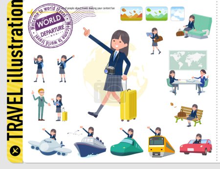 Illustration for A set of navy blazer student women on travel.It's vector art so easy to edit. - Royalty Free Image