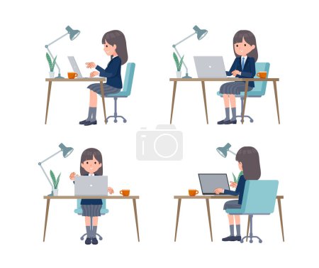 Illustration for A set of navy blazer student women working at a desk at a computer.It's vector art so easy to edit. - Royalty Free Image