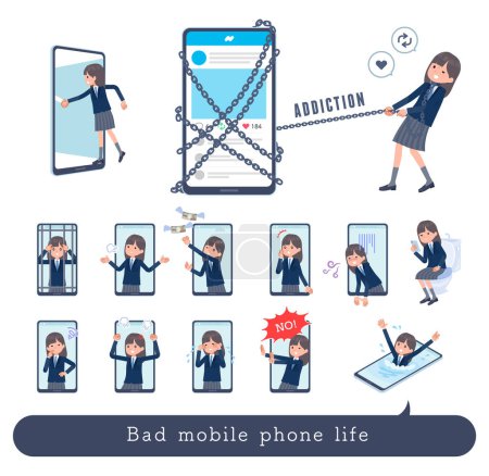 Illustration for A set of navy blazer student women struggling with Mobile and SNS.It's vector art so easy to edit. - Royalty Free Image