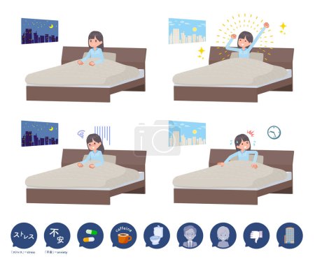 Illustration for A set of navy blazer student women and causes of sleeplessness.It's vector art so easy to edit. - Royalty Free Image