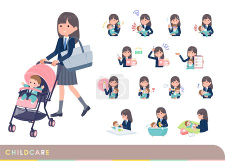 Illustration for A set of navy blazer student women who take care of their baby.It's vector art so easy to edit. - Royalty Free Image