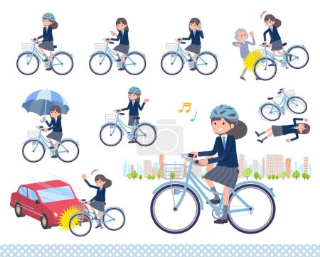 Illustration for A set of navy blazer student women riding a city cycle.It's vector art so easy to edit. - Royalty Free Image
