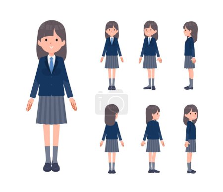 Illustration for A set of navy blazer student women standing.Front, side and back angles.It's vector art so easy to edit. - Royalty Free Image