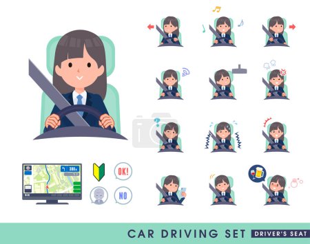 Illustration for A set of navy blazer student women driving a car(driving seat).It's vector art so easy to edit. - Royalty Free Image