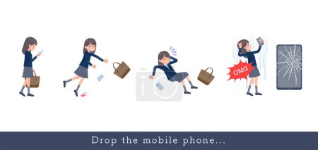 Illustration for A set of navy blazer student women who drops her smartphone.It's vector art so easy to edit. - Royalty Free Image