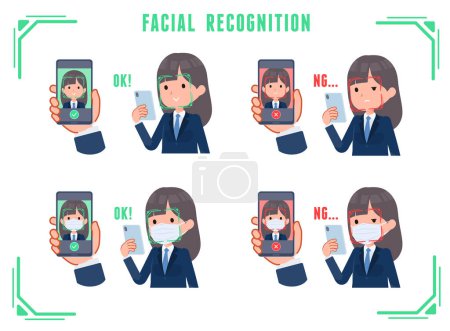 Illustration for A set of navy blazer student women doing facial recognition on their phones.It's vector art so easy to edit. - Royalty Free Image