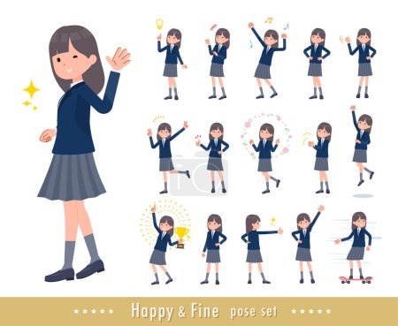 Illustration for A set of navy blazer student women in a cheerful pose.It's vector art so easy to edit. - Royalty Free Image