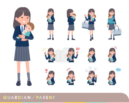 Illustration for A set of navy blazer student women who are guardian of baby.It's vector art so easy to edit. - Royalty Free Image
