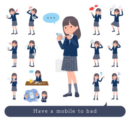 Illustration for A set of navy blazer student women to Unhappy using a smartphone.It's vector art so easy to edit. - Royalty Free Image