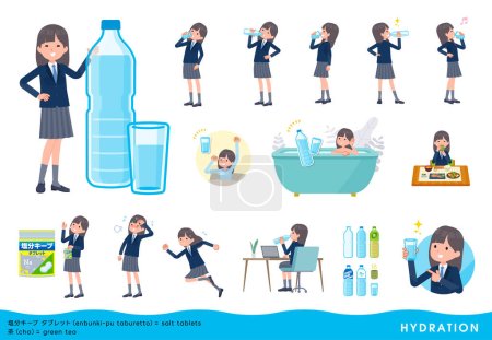 Illustration for A set of navy blazer student women drinking water.It's vector art so easy to edit. - Royalty Free Image