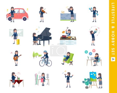 Illustration for A set of navy blazer student women about hobbies and lifestyle.type A.It's vector art so easy to edit. - Royalty Free Image