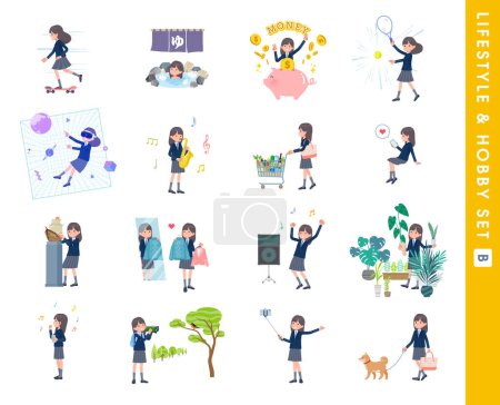 Illustration for A set of navy blazer student women about hobbies and lifestyle.type B.It's vector art so easy to edit. - Royalty Free Image
