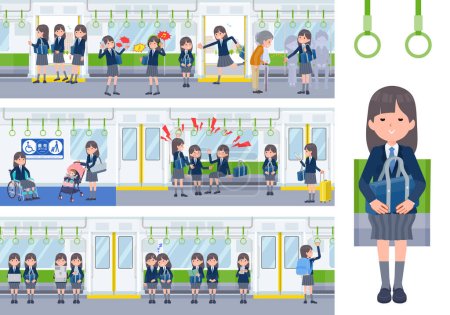 Illustration for A set of navy blazer student women on the train.It's vector art so easy to edit. - Royalty Free Image