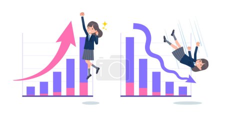 Illustration for A set of navy blazer student women who express performance up and performance down.It's vector art so easy to edit. - Royalty Free Image