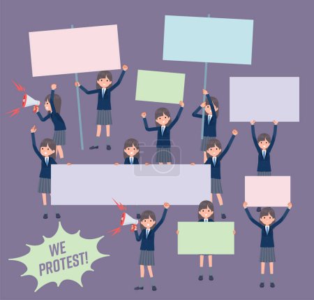 Illustration for A set of navy blazer student women protesting.It's vector art so easy to edit. - Royalty Free Image