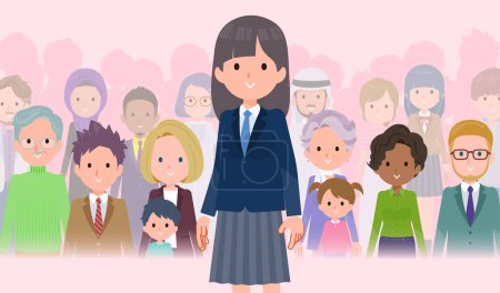 Illustration for A set of navy blazer student women standing in front of a large number of people.It's vector art so easy to edit. - Royalty Free Image