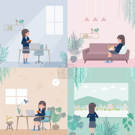 Illustration for A set of navy blazer student women relaxing in the room.  It's vector art so easy to edit. - Royalty Free Image