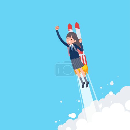Illustration for A set of navy blazer student women taking off with a rocket jet.It's vector art so easy to edit. - Royalty Free Image
