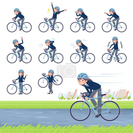 Illustration for A set of navy blazer student women on a road bike.It's vector art so easy to edit. - Royalty Free Image