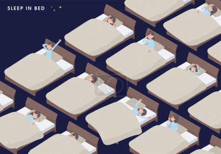 Illustration for A set of navy blazer student women in various poses sleeping in bed.It's vector art so easy to edit. - Royalty Free Image
