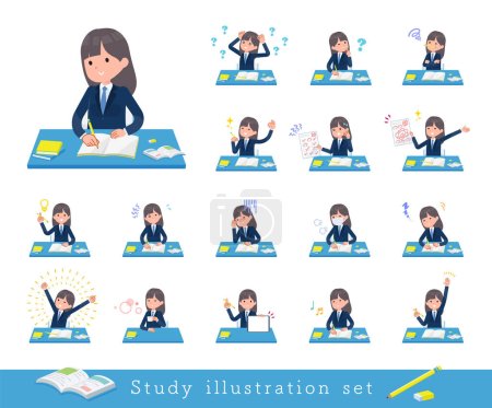 Illustration for A set of navy blazer student women on study.It's vector art so easy to edit. - Royalty Free Image