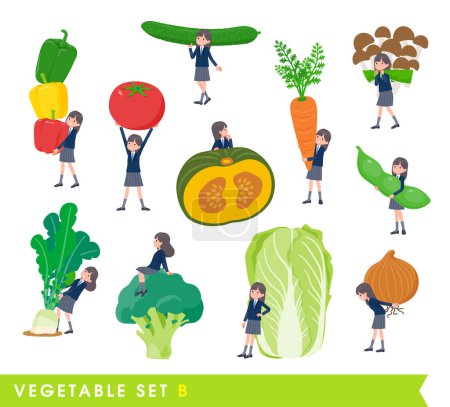 Illustration for A set of navy blazer student women and vegetables.type B.It's vector art so easy to edit. - Royalty Free Image