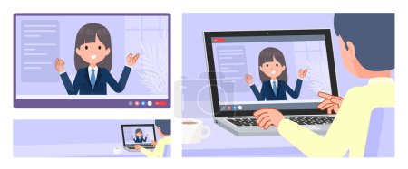 Illustration for A set of navy blazer student women having a video chat. It's vector art so easy to edit. - Royalty Free Image