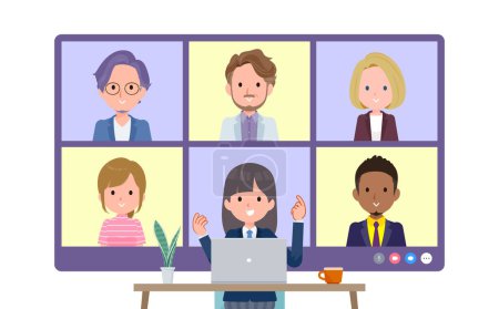 Illustration for A set of navy blazer student women having an online meeting with multiple people. Front angle.It's vector art so easy to edit. - Royalty Free Image
